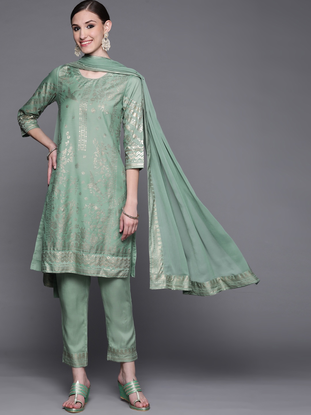 

Biba Women Sage Green & Golden Ethnic Motifs Printed Kurta with Trousers & Dupatta