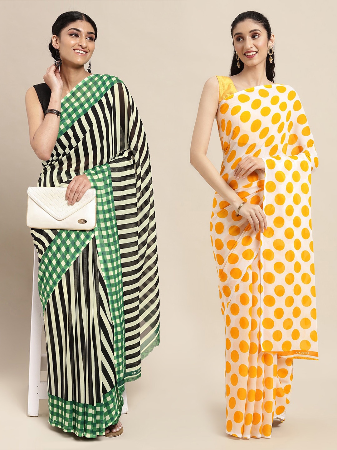 

KALINI Green & Yellow Striped Poly-Georgette Saree Pack Of 2