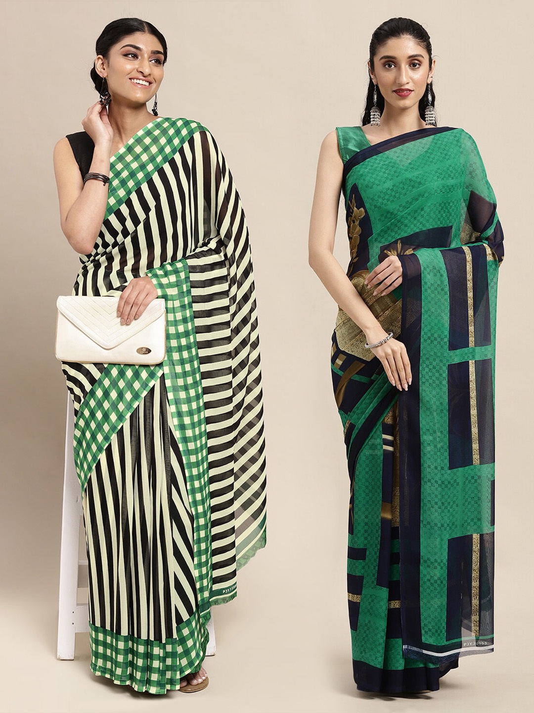 

KALINI Pack of 2 Green & Blue Printed Sarees