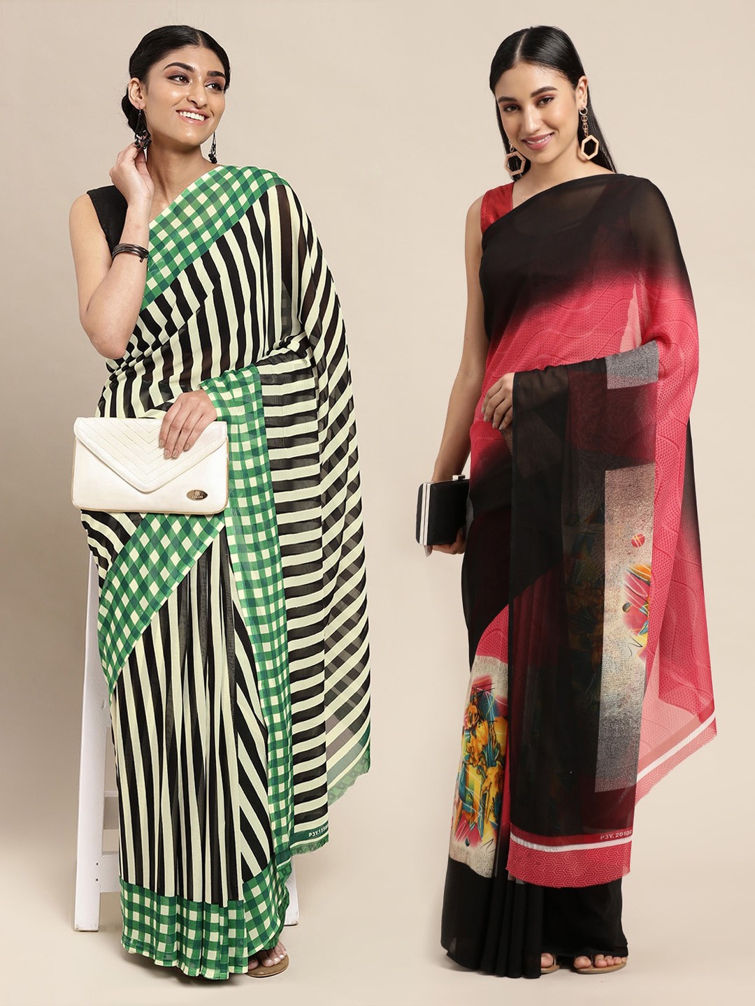 

ANAND SAREES Pack Of 2 Green & Black Striped Saree