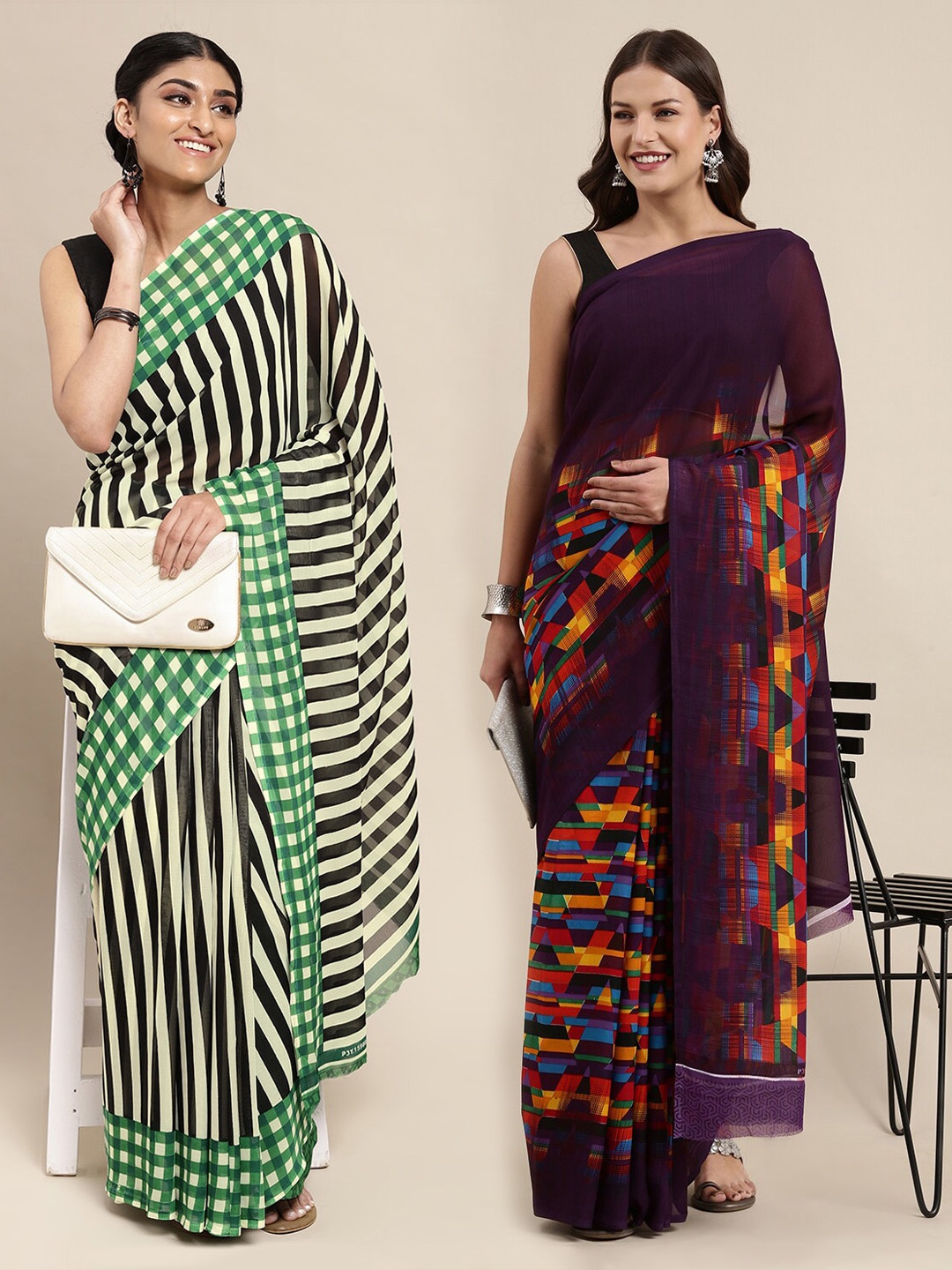 

KALINI Pack Of 2 Purple & Yellow Geometric Printed Saree