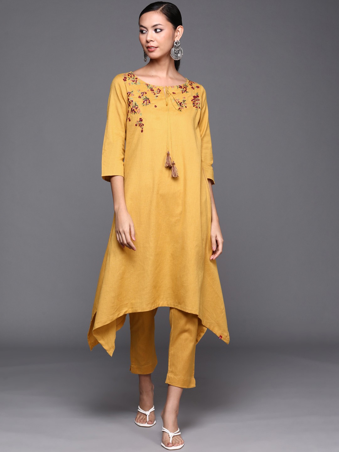 

Biba Women Mustard Yellow Floral Embroidered Thread Work Pure Cotton Kurta with Trousers
