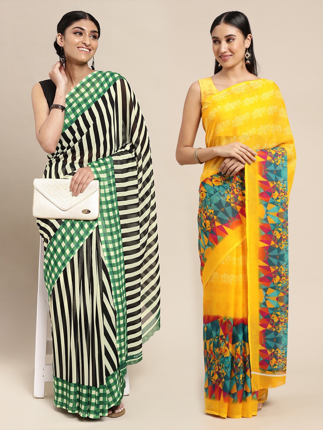

KALINI Set Of 2 Yellow & Green Striped Saree
