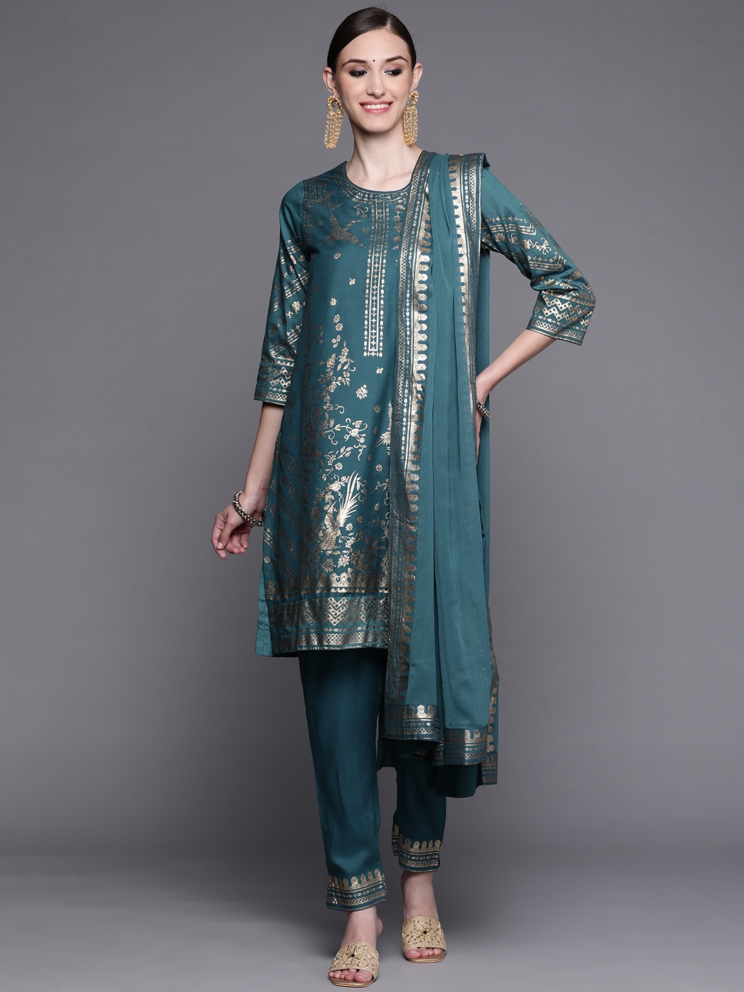 

Biba Women Teal Ethnic Motifs Printed Kurta with Trousers & With Dupatta