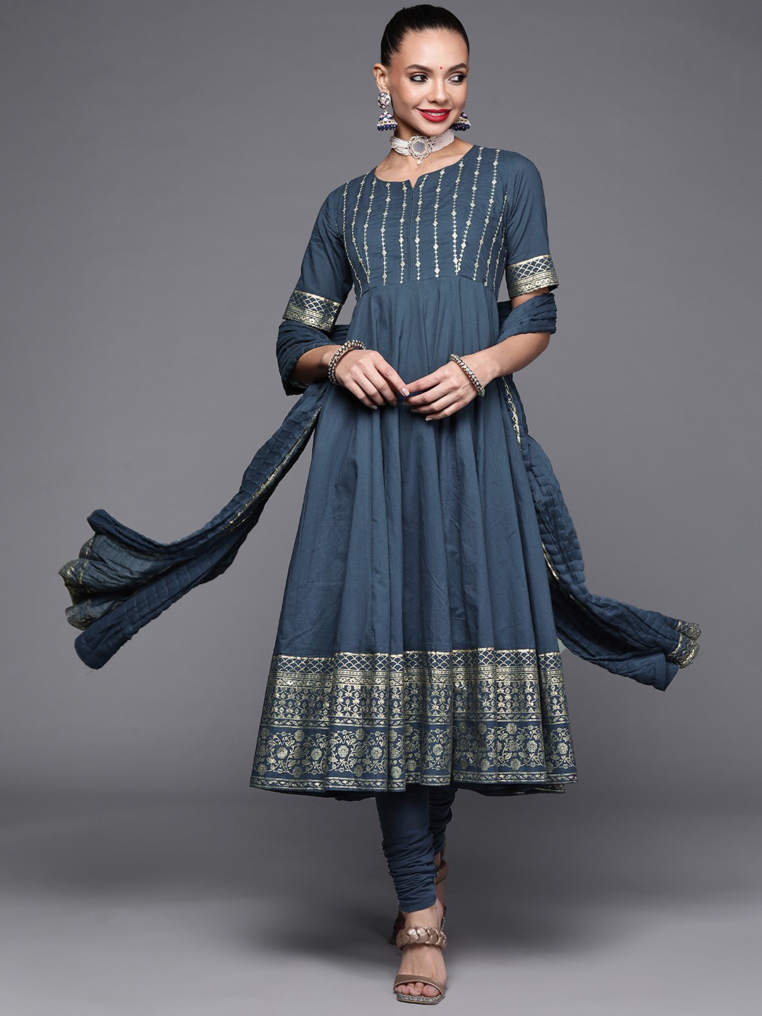 

Biba Women Navy Blue Pure Cotton Ethnic Printed Sequinned Kurta with Churidar & Dupatta