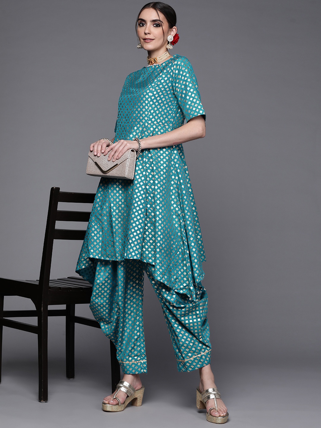 

Biba Women Blue Geometric Printed Pleated Kurta with Patiala