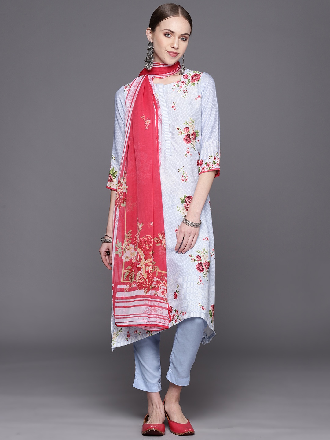 

Biba Women Blue & Pink Floral Printed Kurta with Trousers & Dupatta