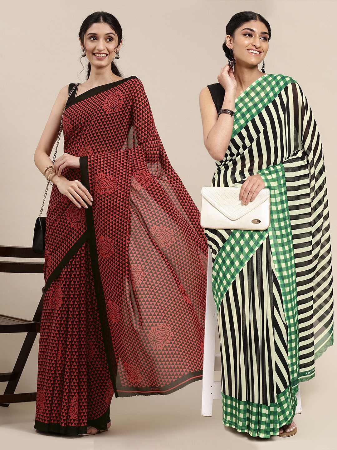 

KALINI Pack Of 2 Black & Red Geometric Printed Saree