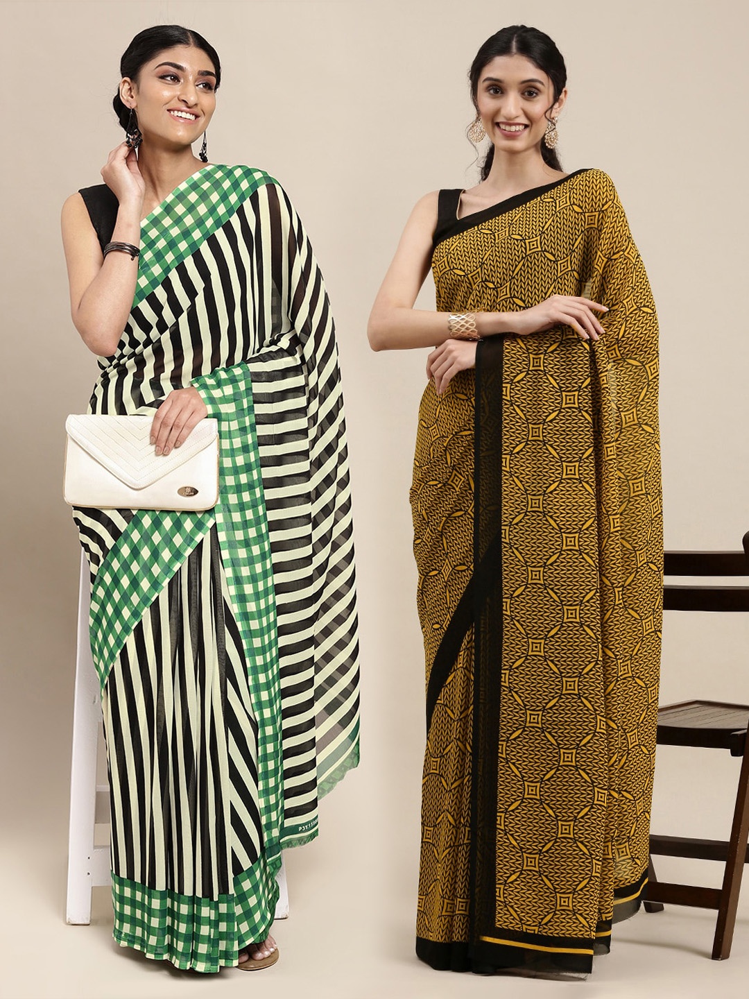 

KALINI Set Of 2 Mustard Yellow & Black Striped Saree