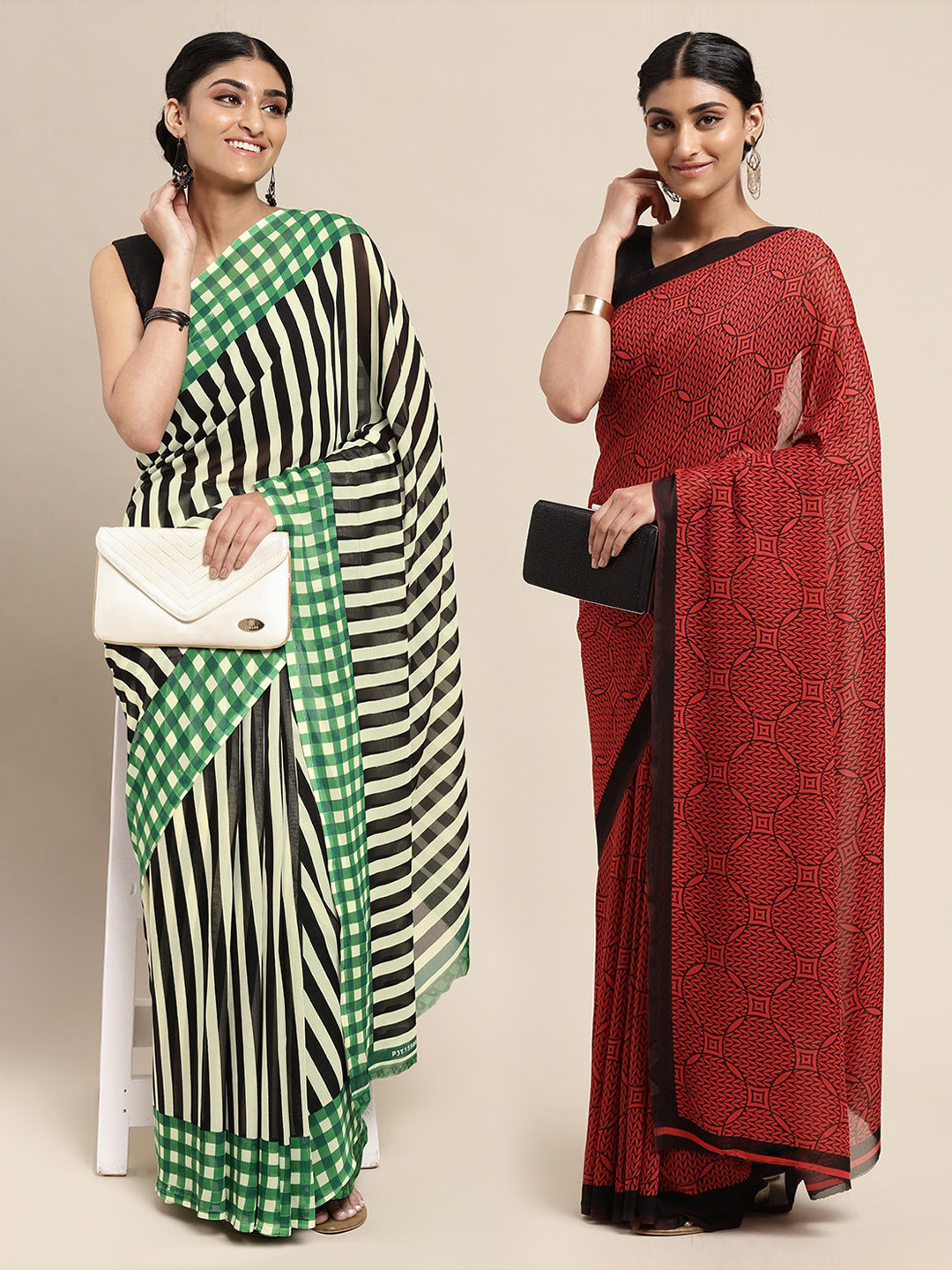 

KALINI Green & Black Striped Saree