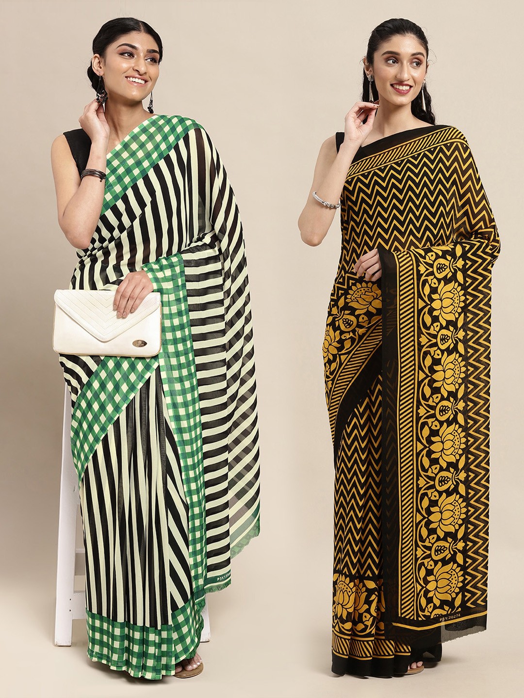 

ANAND SAREES White & Yellow Set Of 2 Printed Saree, Black