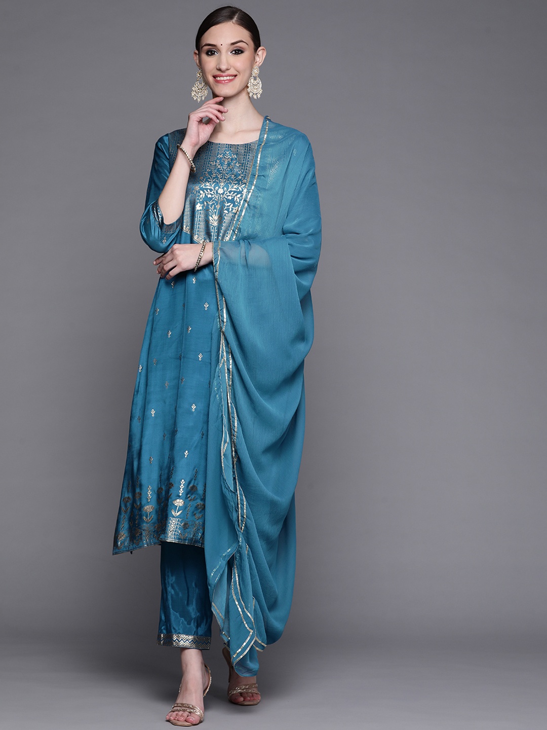 

Biba Women Blue Ethnic Motifs Printed Kurta with Trousers & With Dupatta