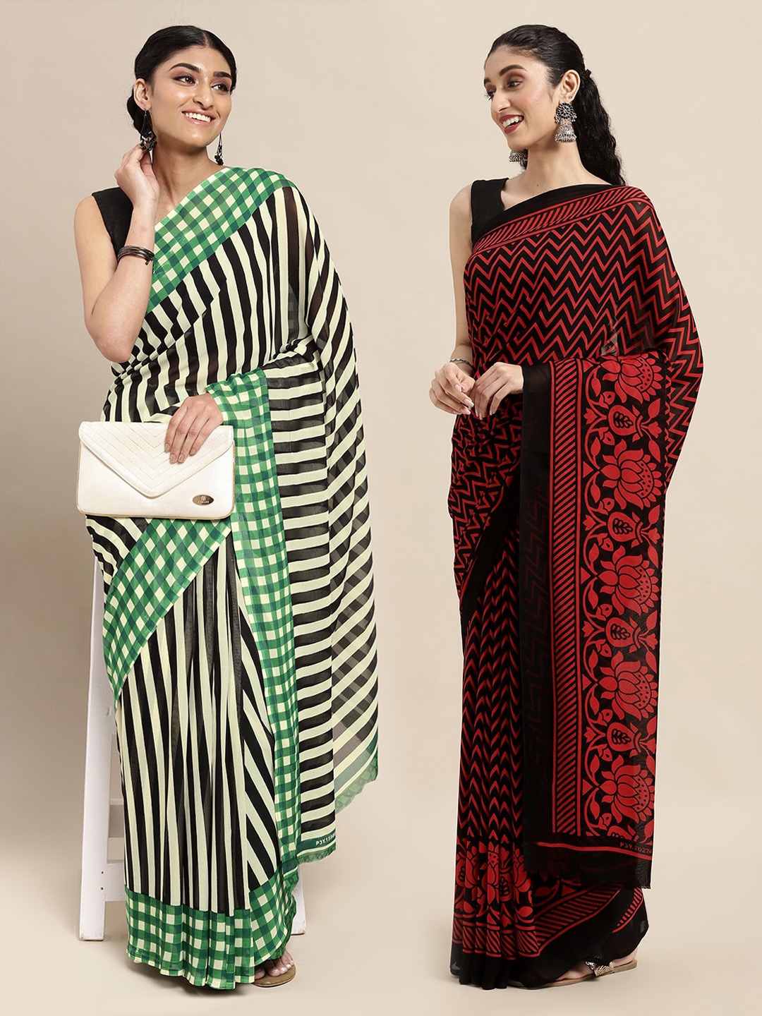 

KALINI Pack of 2 Green & Red Printed Saree