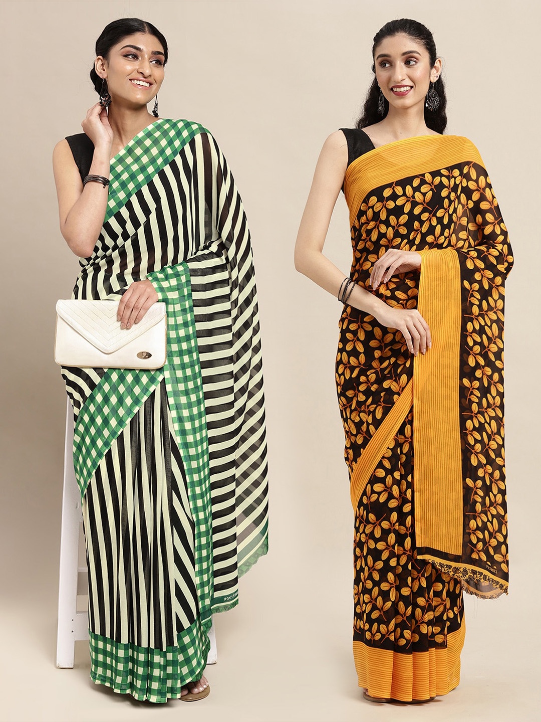 

KALINI Pack Of 2 Black & Yellow Floral Printed Saree