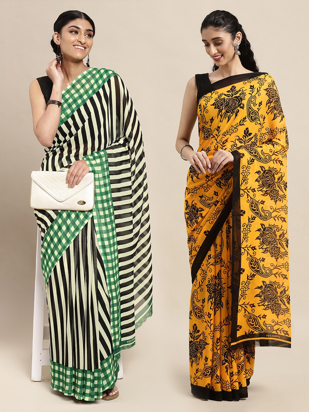

KALINI Pack of 2 Printed Poly Georgette Sarees, Yellow