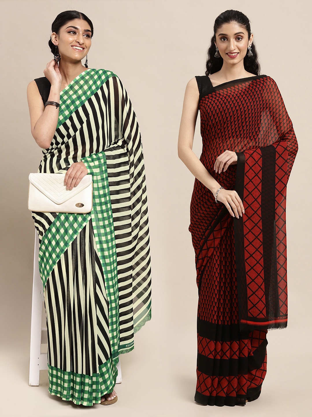 

ANAND SAREES Pack of 2 Green & Maroon Printed Saree