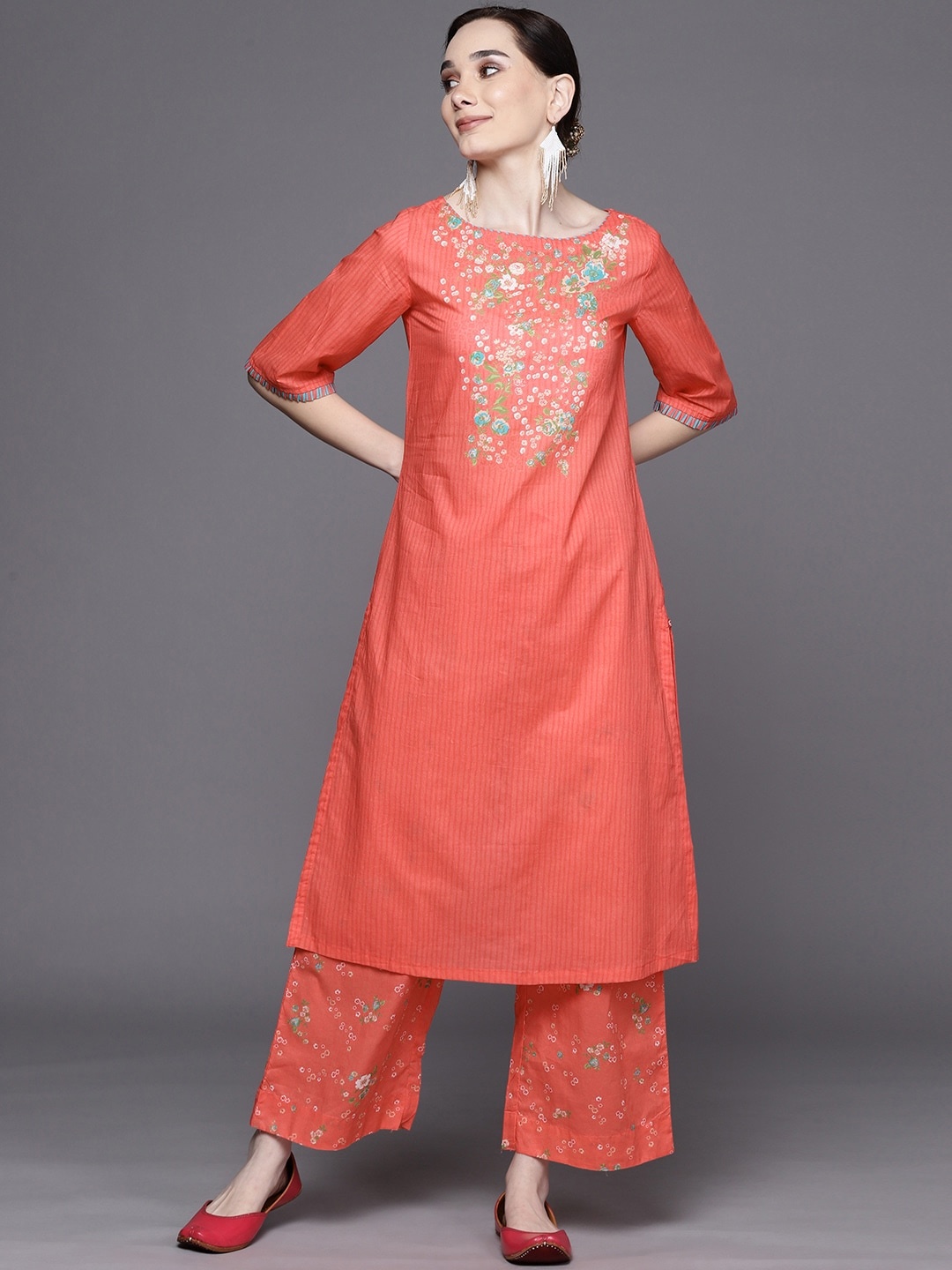 

Biba Women Peach-Coloured Floral Yoke Design Pure Cotton Kurta with Palazzos