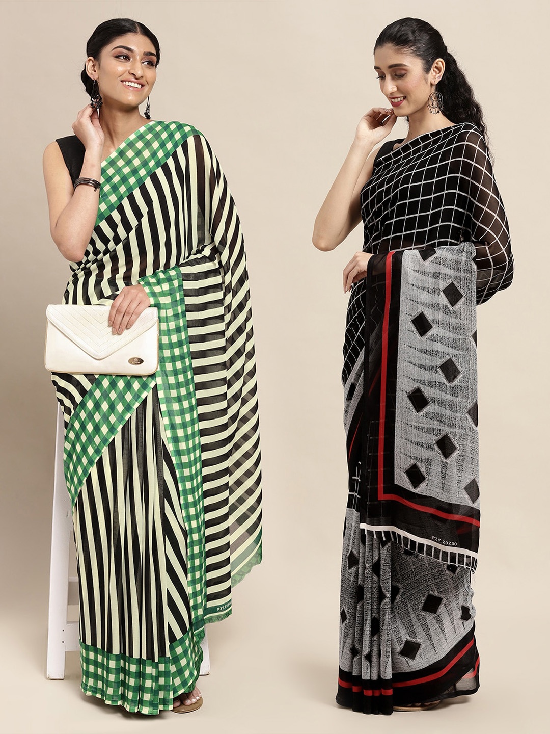 

KALINI Pack Of 2 Black Checked Print Saree