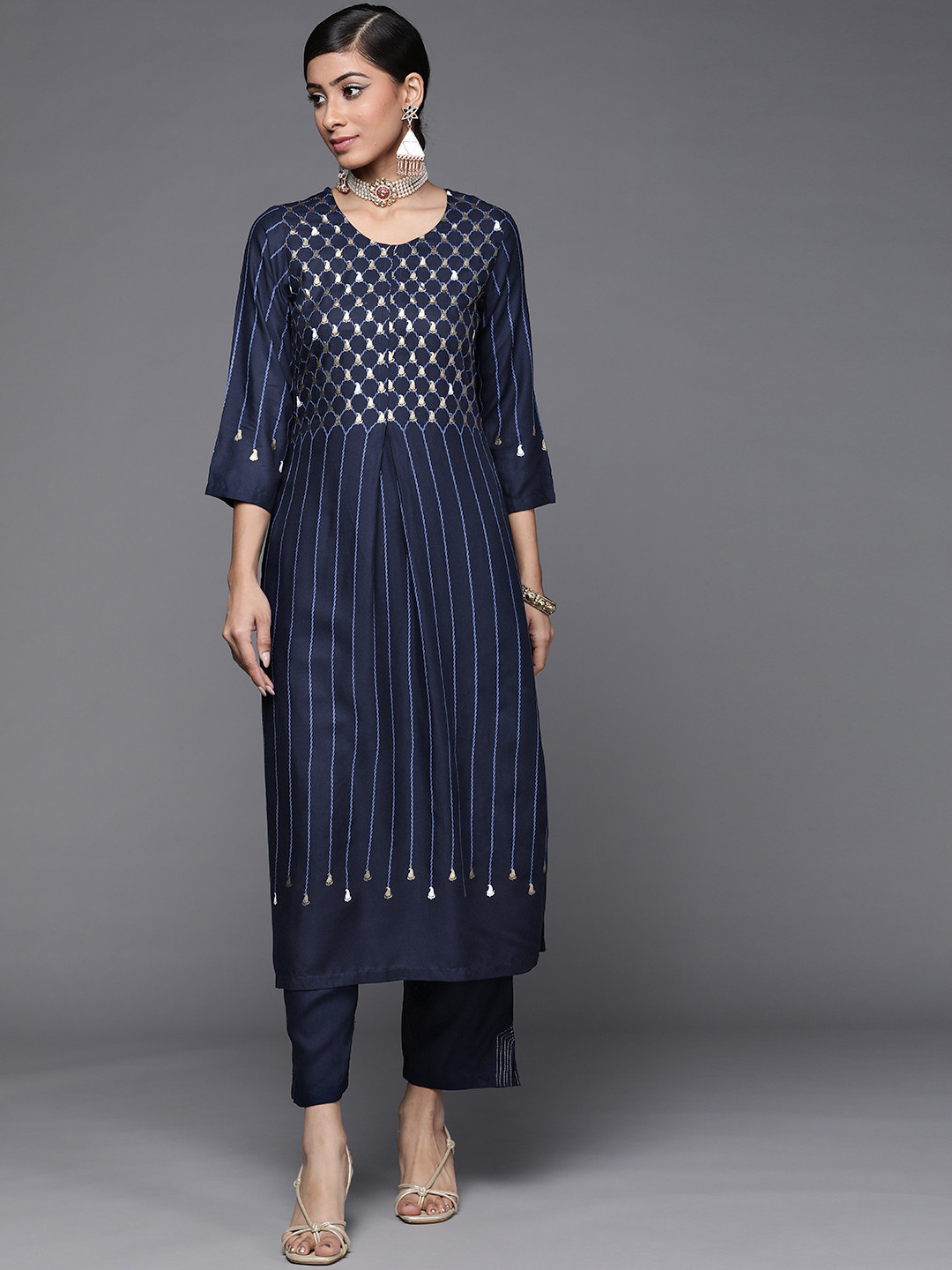 

Biba Women Navy Blue & Golden Ethnic Motifs Printed Pleated Kurta with Trousers