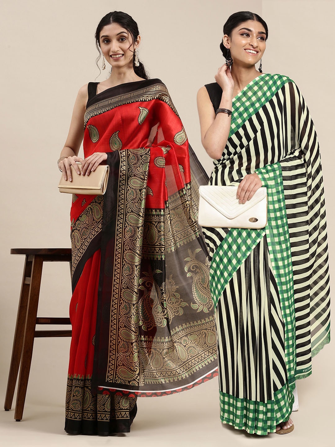 

KALINI Pack of 2 Printed Poly Georgette Sarees, Red