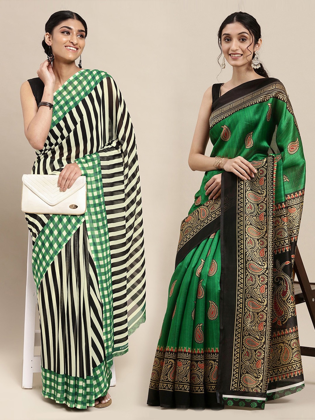 

KALINI Pack of 2 Green & Black Striped Saree