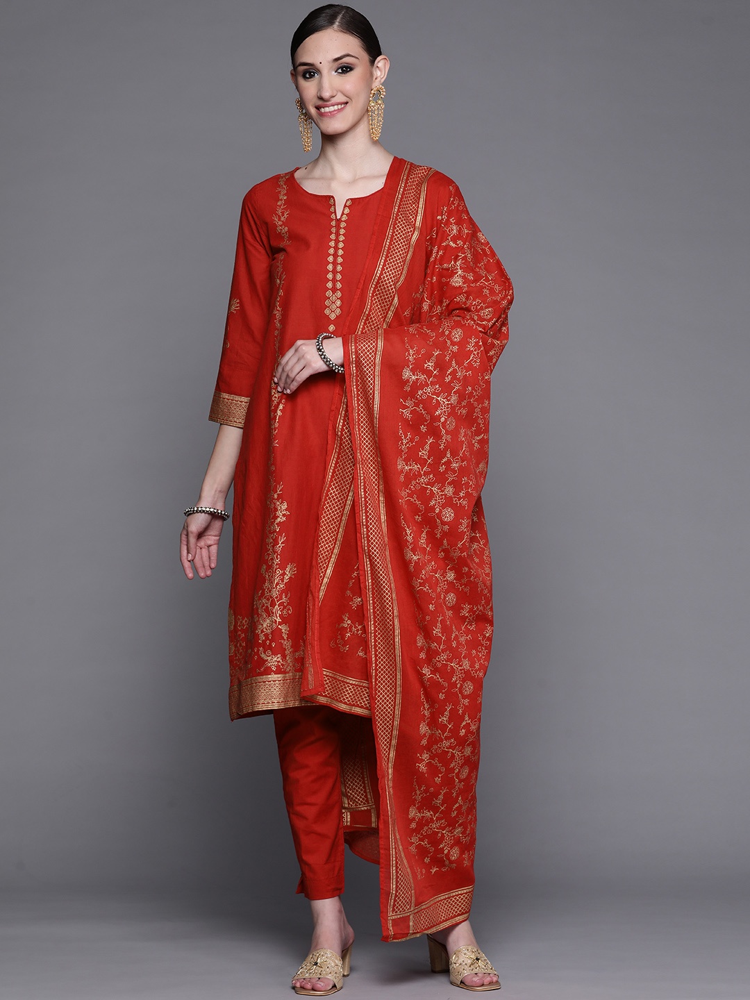 

Biba Women Red & Golden Ethnic Motifs Printed Pure Cotton Kurta with Trousers & Dupatta