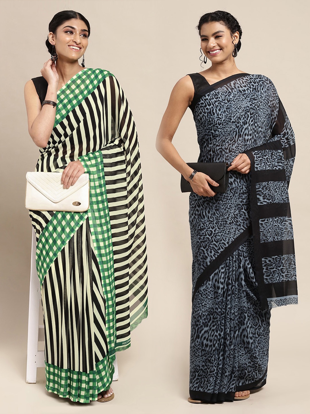 

ANAND SAREES Pack of 2 Green & Black Printed Saree