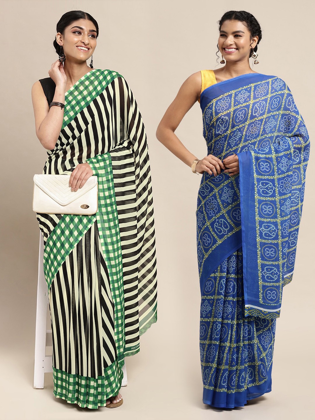 

KALINI Pack Of 2 Green & Black Striped Saree