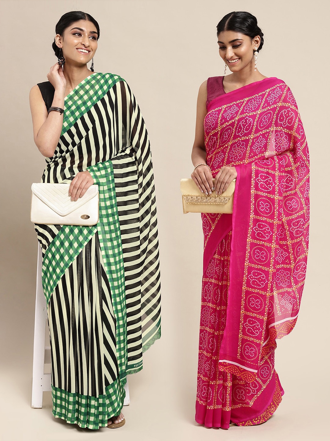 

KALINI Pink & Black Pack of 2 Printed Sarees