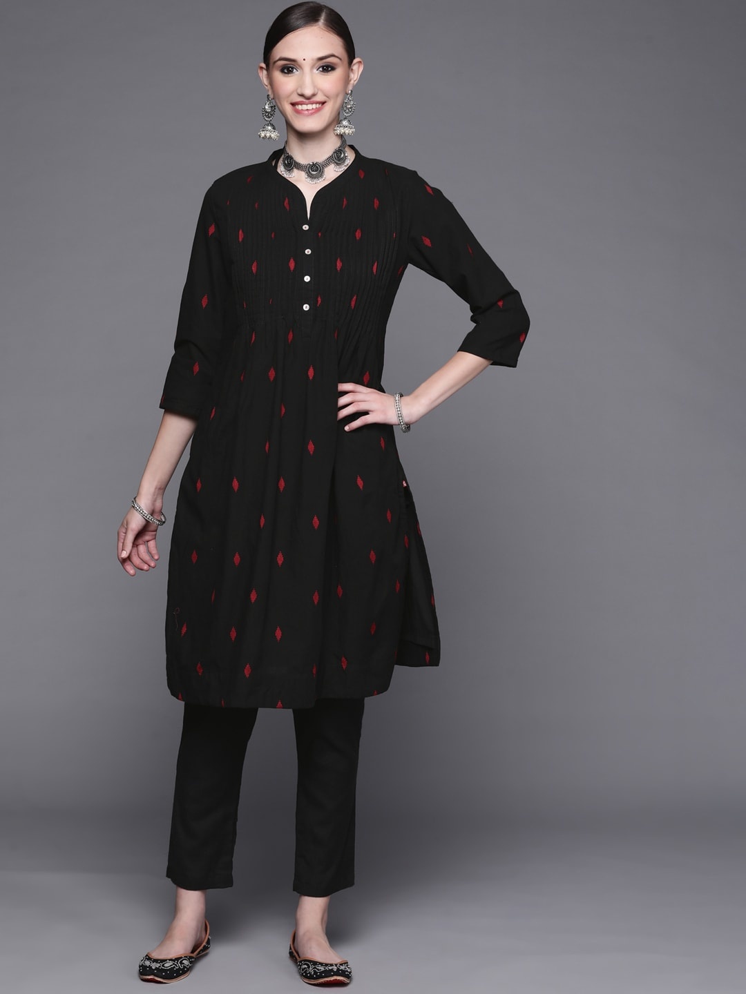 

Biba Women Black & Red Pintucks Detail Pure Cotton Kurta with Trousers