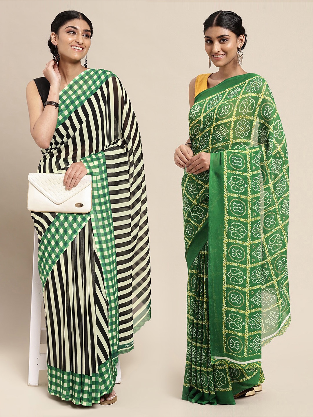 

KALINI Pack of 2 Printed Poly Georgette Sarees, Green