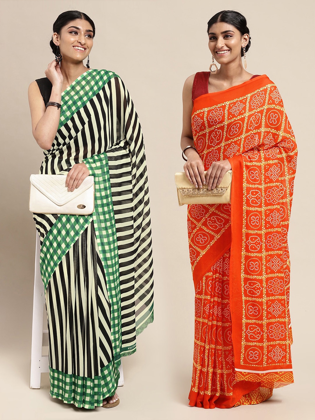

KALINI Pack of 2 Orange & Green Printed Saree