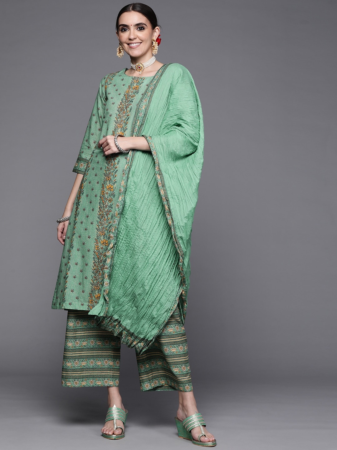 

Biba Women Green Ethnic Motifs Printed Pure Cotton Kurta with Palazzos & With Dupatta