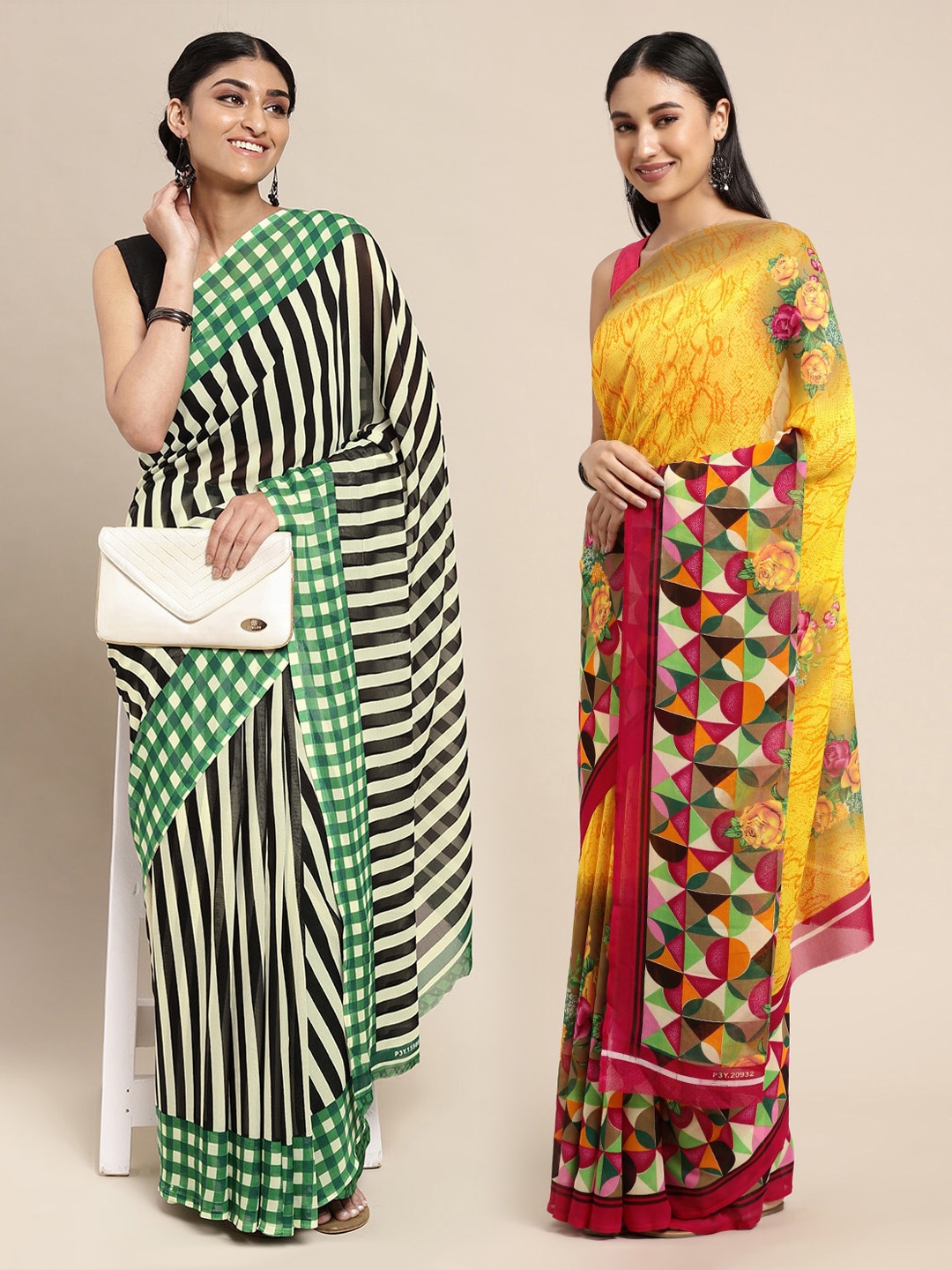 

ANAND SAREES Pack of 2 Green & Yellow Printed Saree