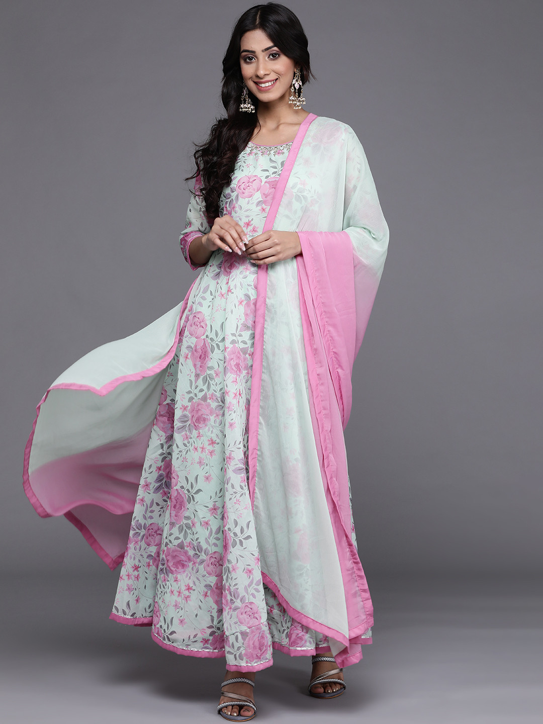 

Biba Women Sea Green Floral Printed Gotta Patti Kurta with Churidar & With Dupatta