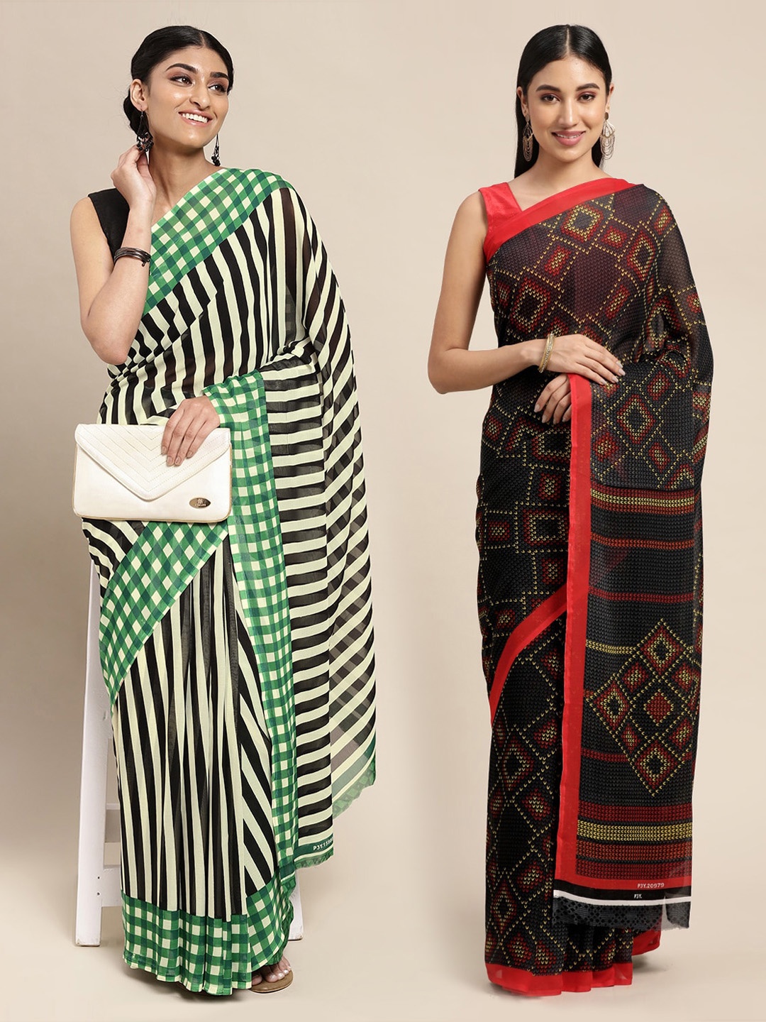 

KALINI Pack Of 2 Navy Blue & Red Striped Saree