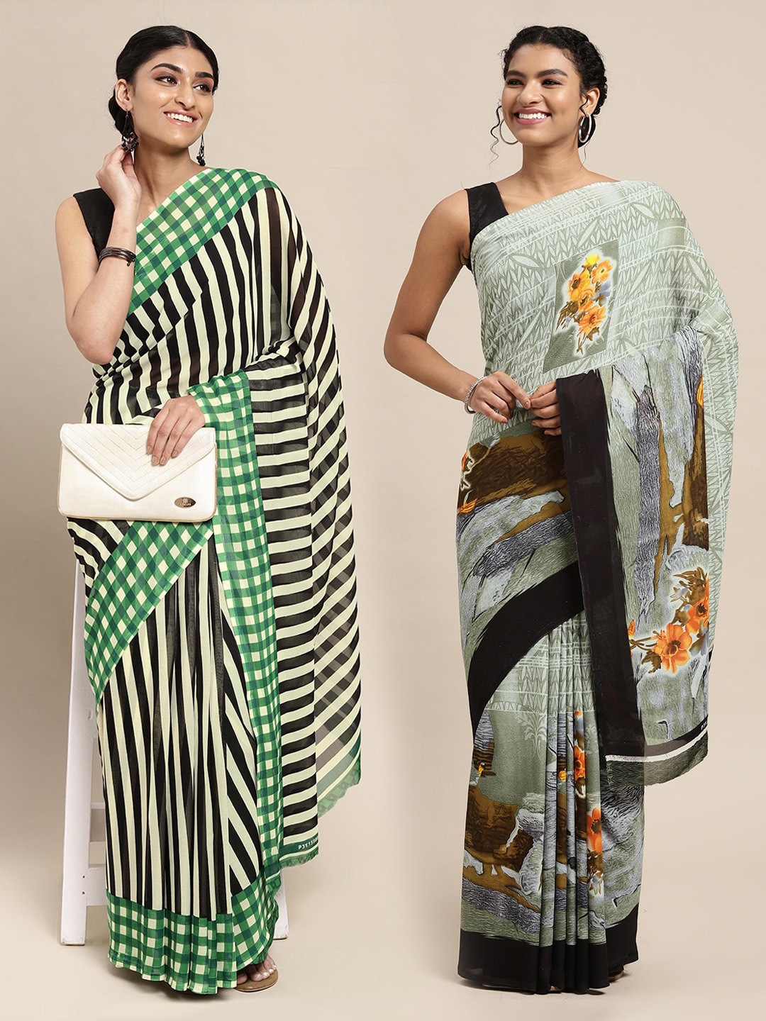 

KALINI Pack of 2 Green & Black Striped Sarees