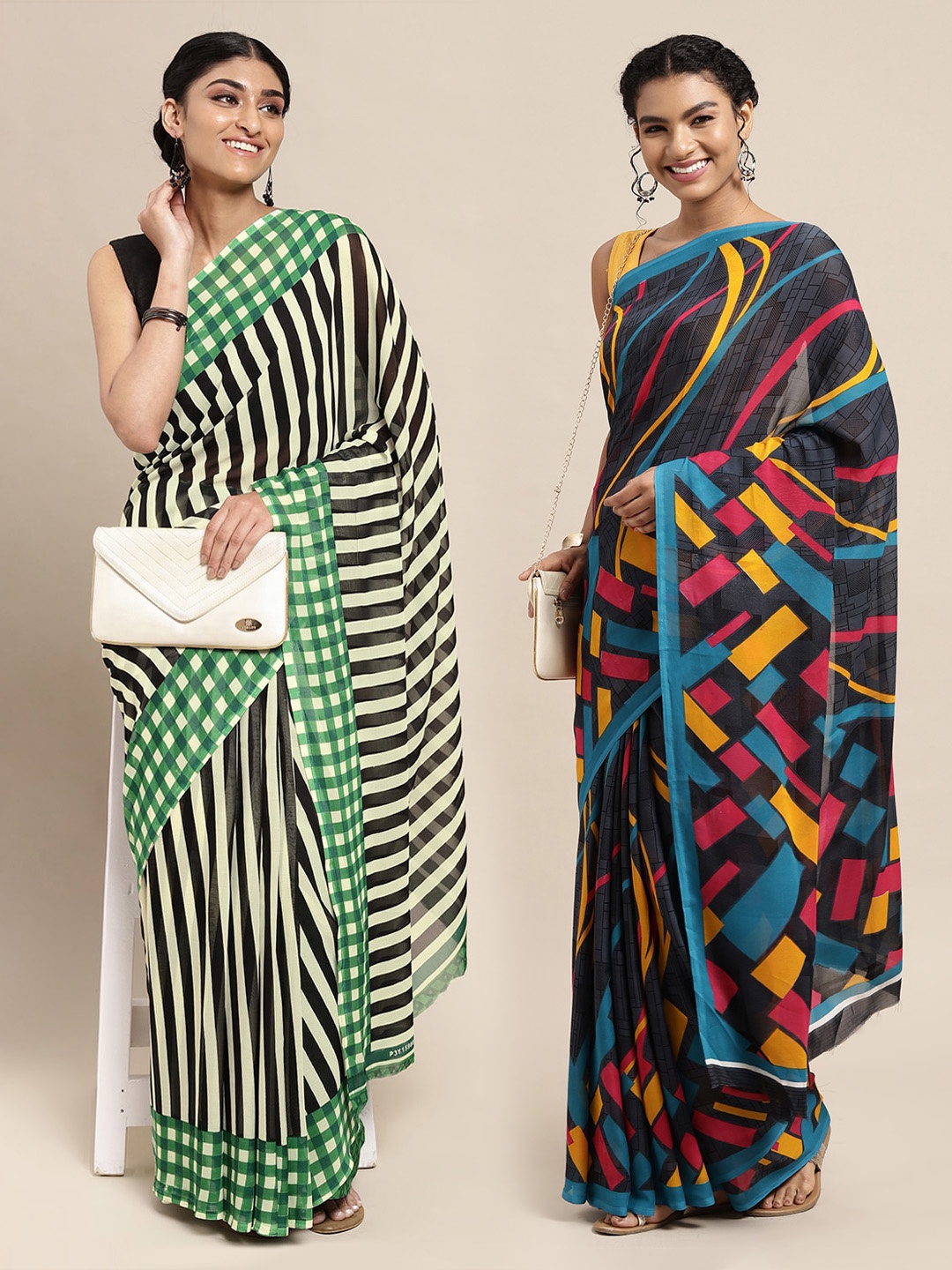

KALINI Navy Blue & Black Striped Poly Georgette Saree Pack Of 2