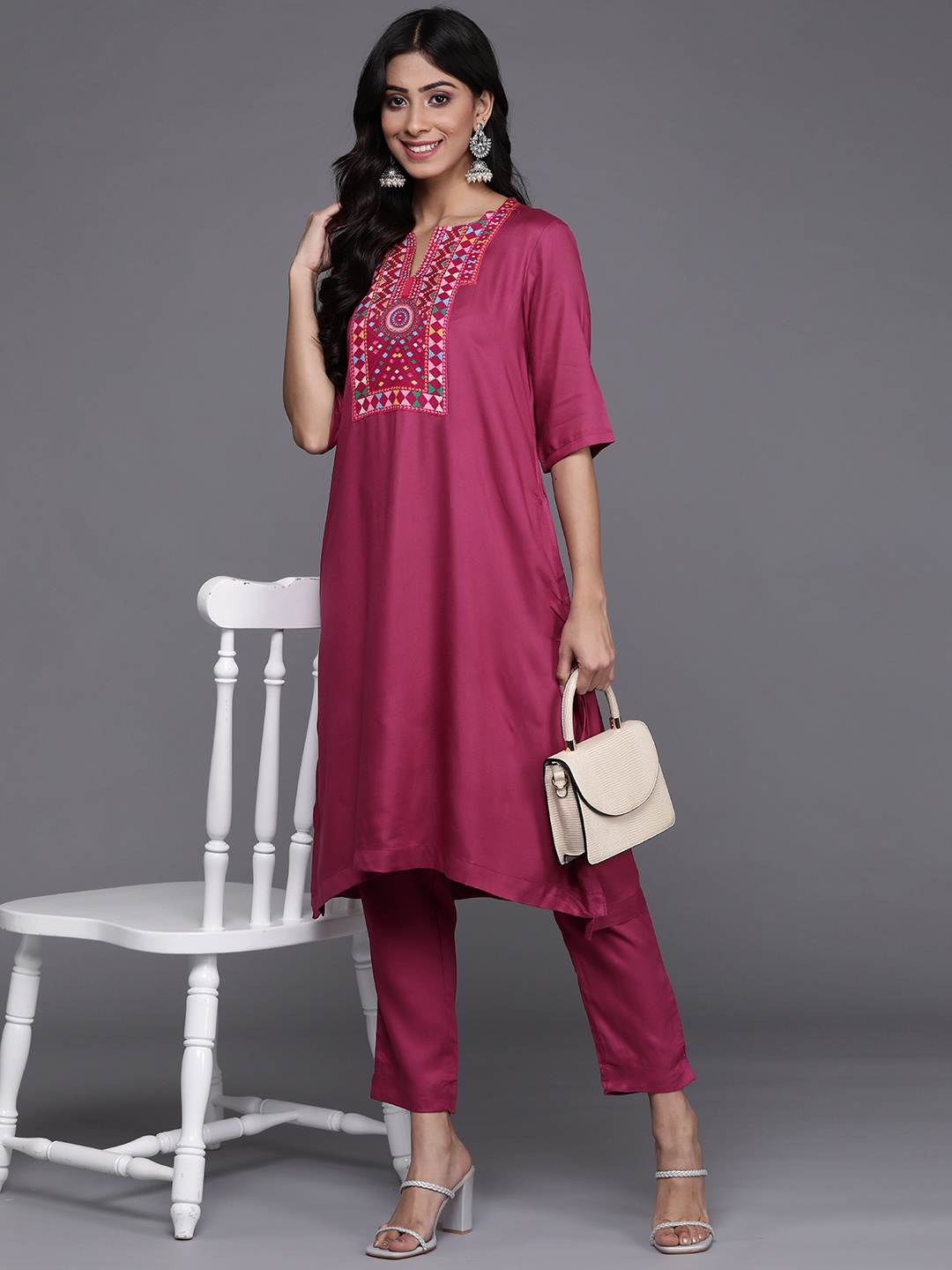 

Biba Women Fuchsia Printed Kurta with Trousers