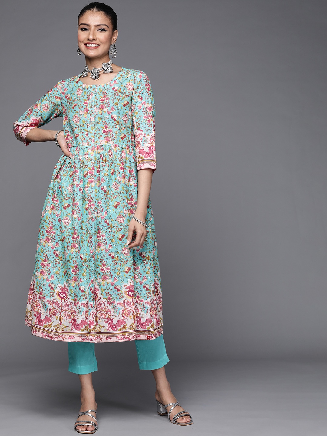 

Biba Women Blue & Pink Ethnic Motifs Printed Pleated Pure Cotton Kurta with Trousers