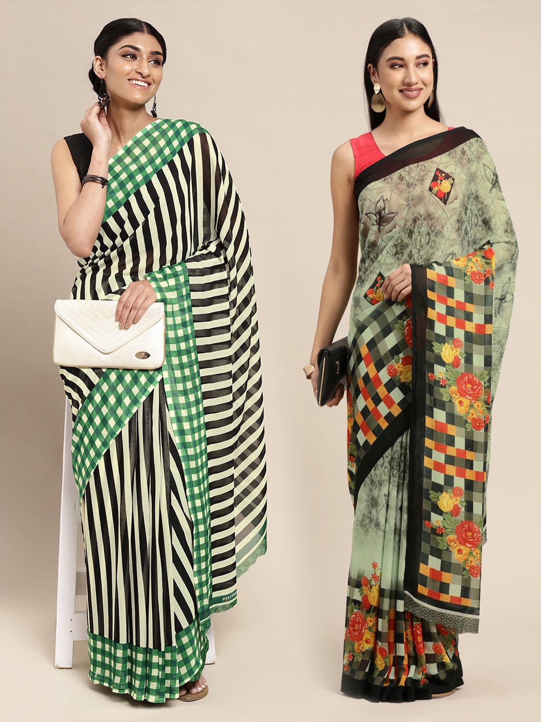 

KALINI Pack of 2 Green & Black Printed Sarees