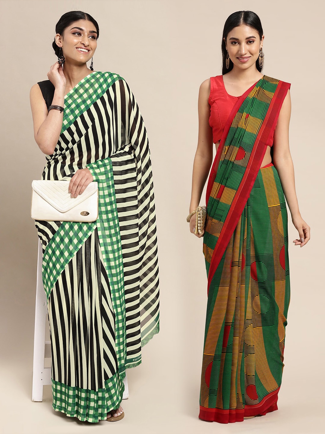 

KALINI Green & Black Striped Poly Georgette Saree Pack Of 2