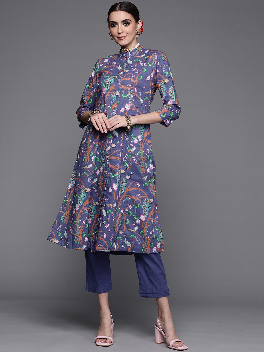 

Biba Women Purple Floral Printed Pure Cotton Kurta with Trousers