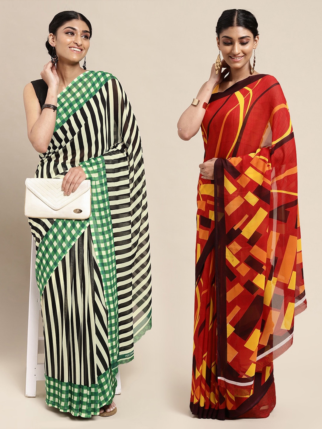 

KALINI Red & Black Striped Poly Georgette Saree Pack Of 2