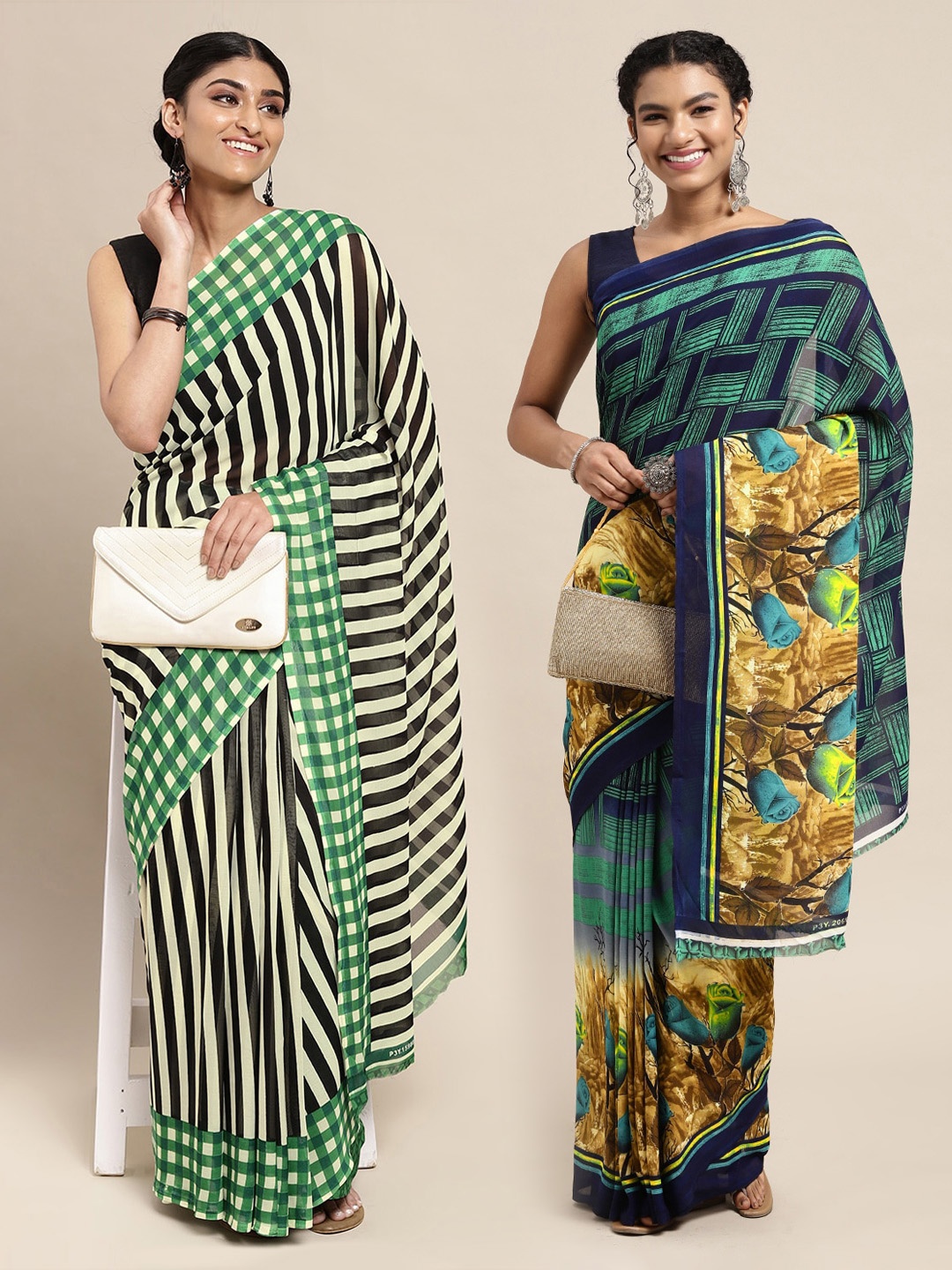 

KALINI Pack of 2 Green & Navy Blue Sarees