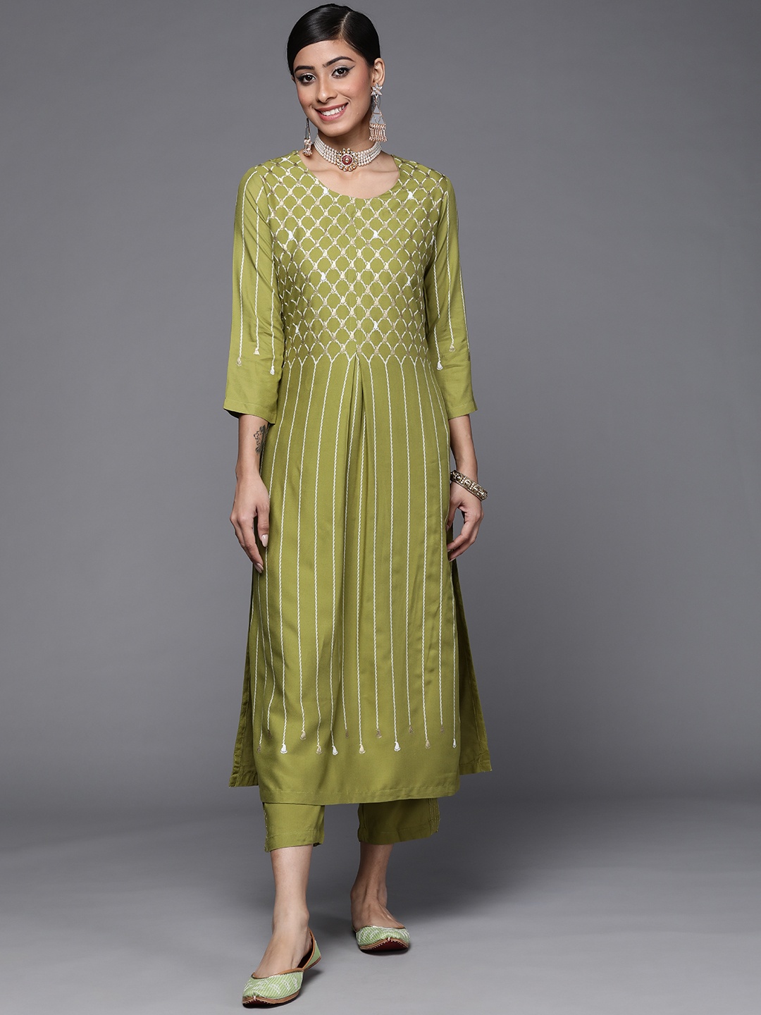 

Biba Women Olive Green & Golden Ethnic Motifs Printed Pleated Kurta with Trousers