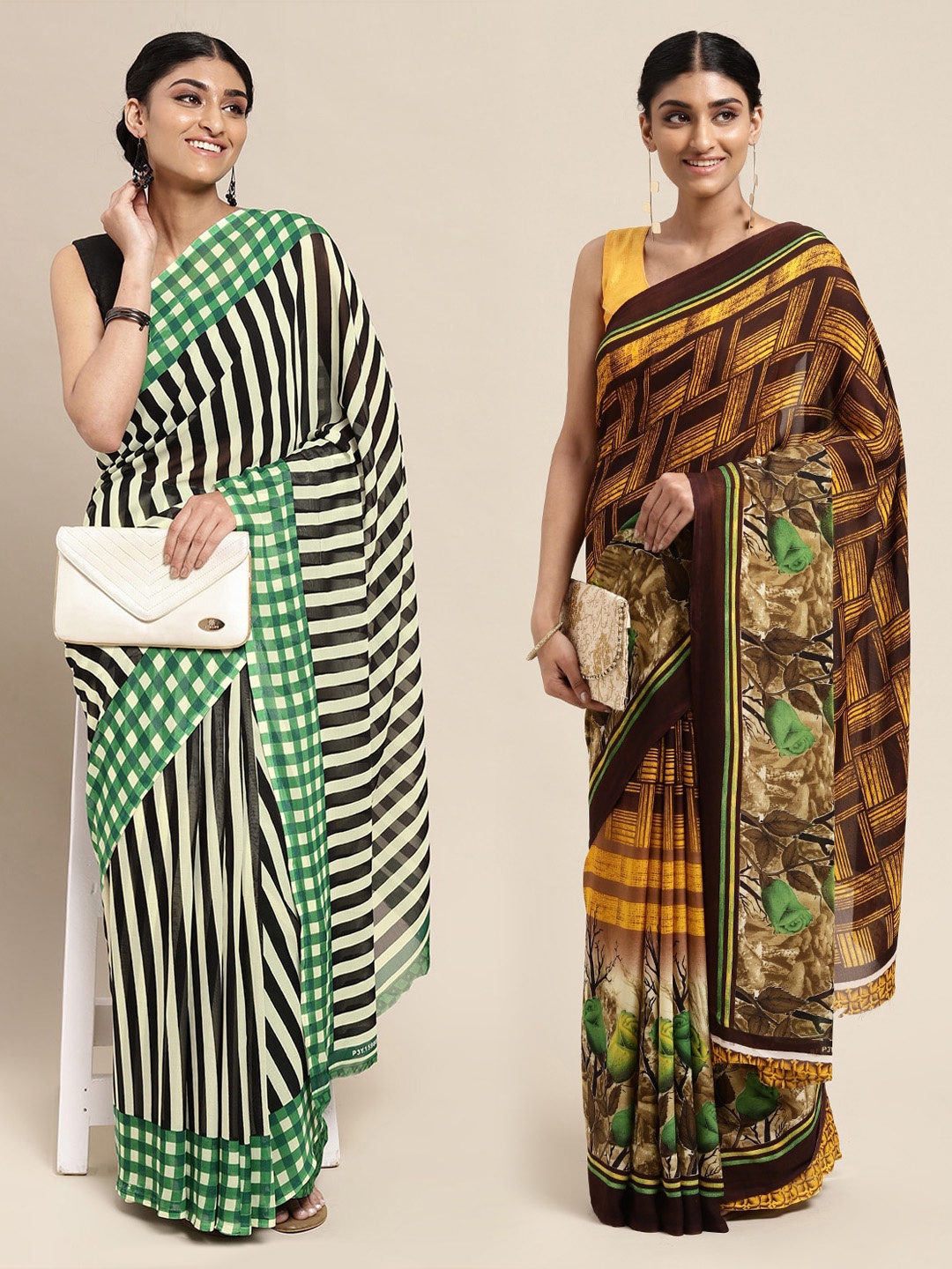 

KALINI Yellow & Black Striped Poly Georgette Saree Pack Of 2