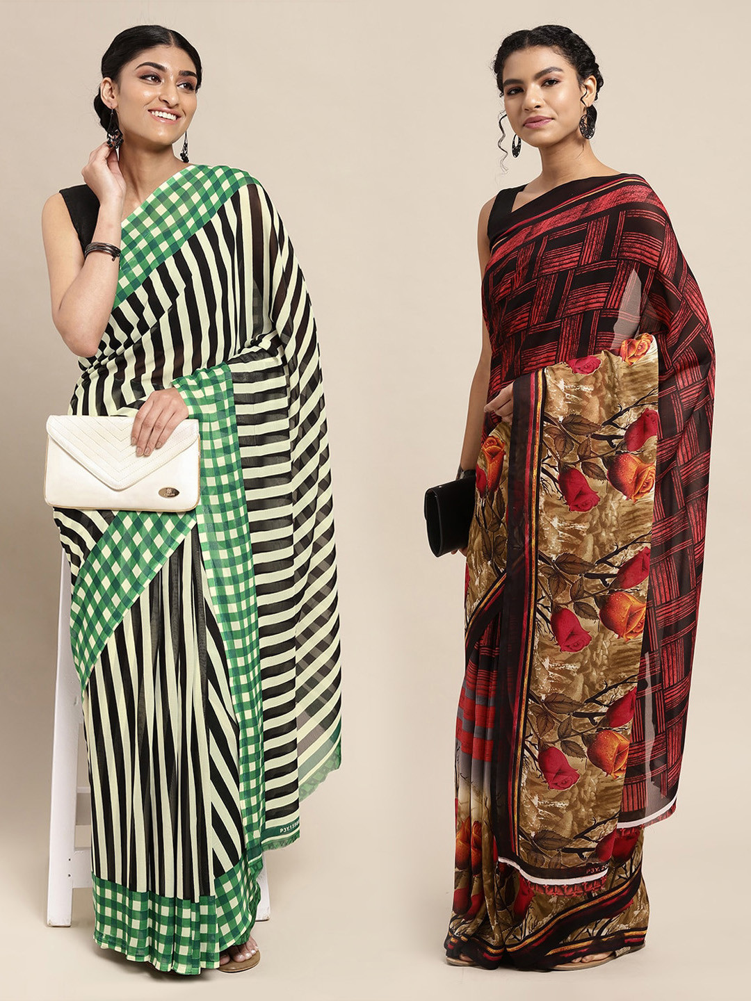 

KALINI Pack of 2 Black & Pink Floral Sarees