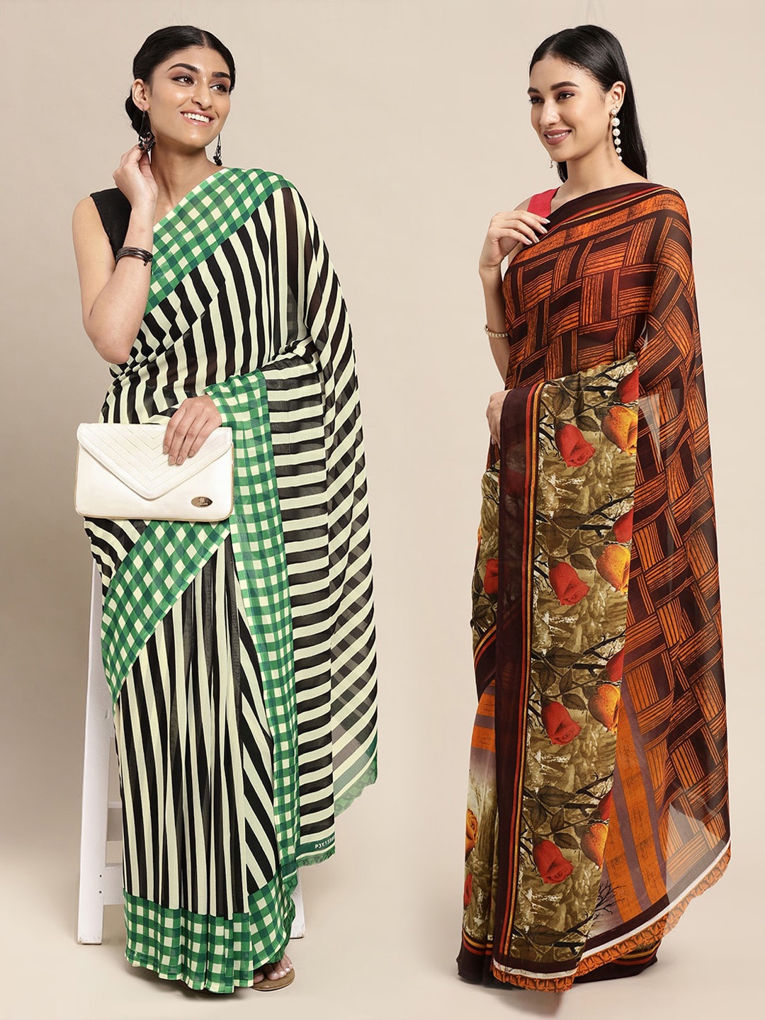 

KALINI Green & Black Striped Poly Georgette Saree Pack Of 2