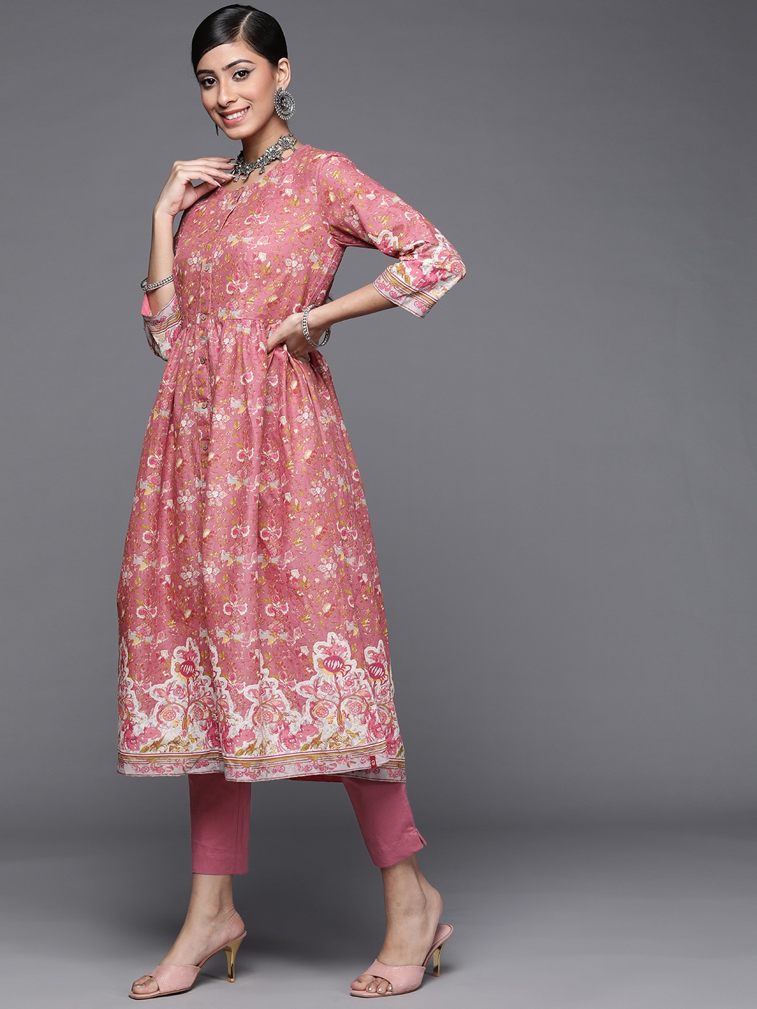 

Biba Women Pink Printed A-Line Pure Cotton Kurta with Trousers